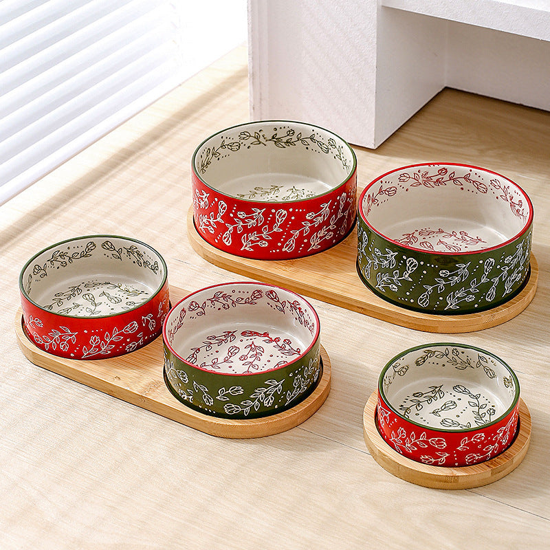 Ethnic Style Flower Straight Bowl with Bamboo and Wood Tray Ceramic Pet Bowl Cross-border Cat Bowl Dog Bowl Anti-knock Drinking Basin