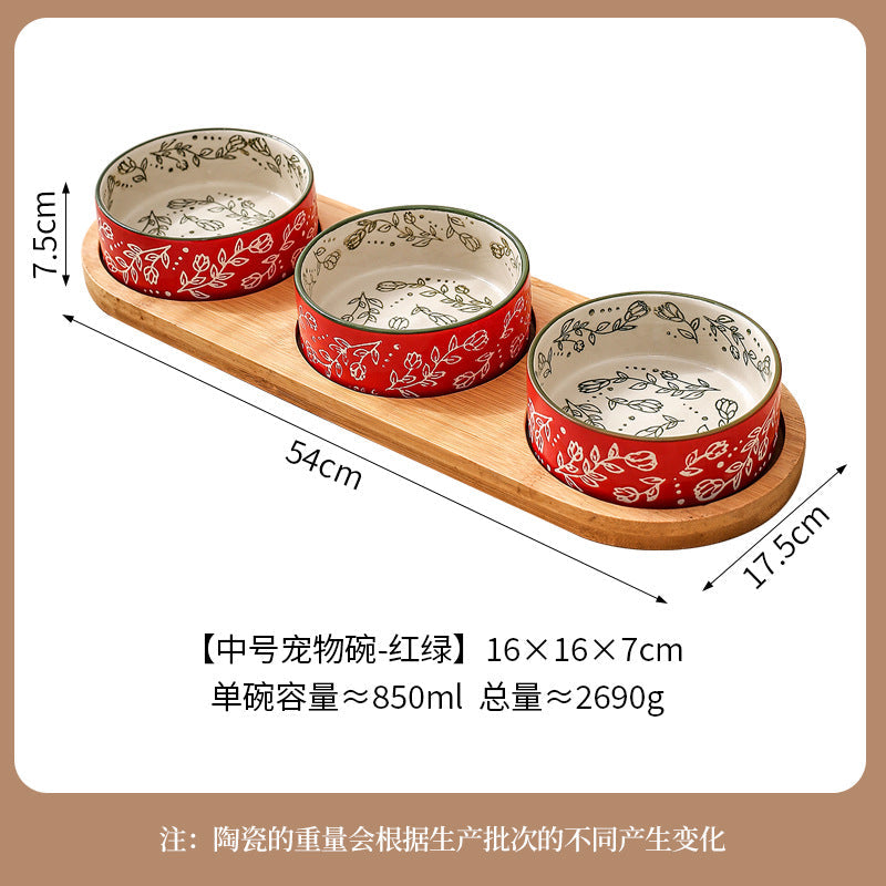 Ethnic Style Flower Straight Bowl with Bamboo and Wood Tray Ceramic Pet Bowl Cross-border Cat Bowl Dog Bowl Anti-knock Drinking Basin