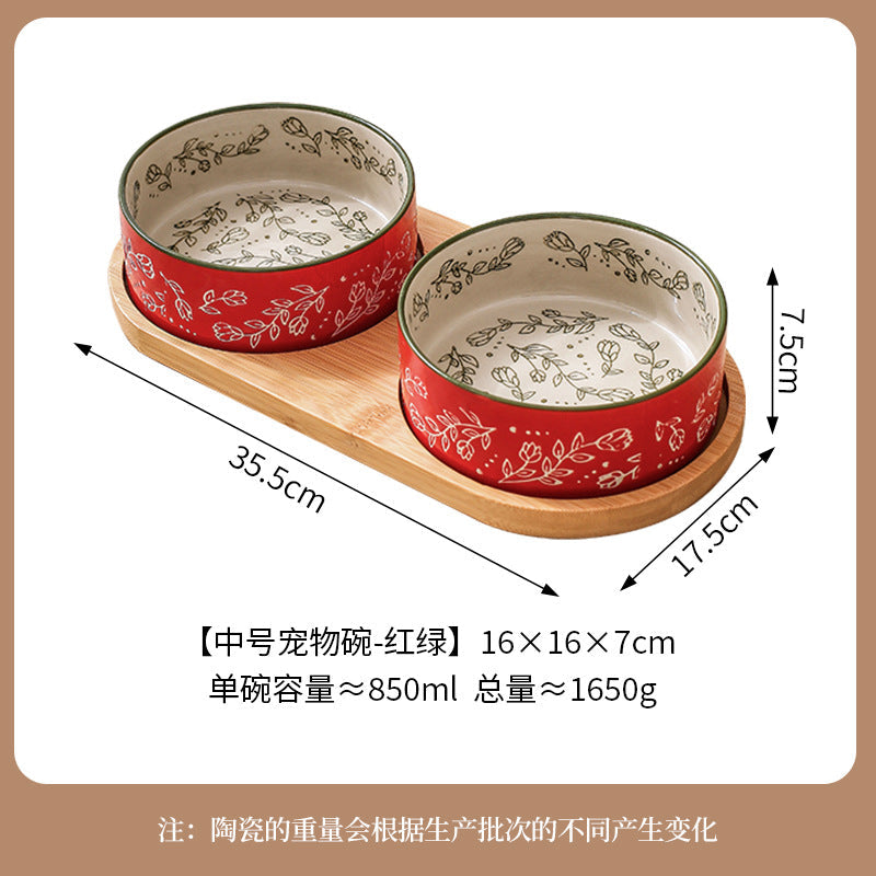 Ethnic Style Flower Straight Bowl with Bamboo and Wood Tray Ceramic Pet Bowl Cross-border Cat Bowl Dog Bowl Anti-knock Drinking Basin