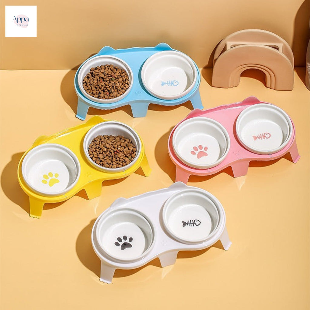 Creative Striped Cat Bowl with Bowl Rack Household Ceramic Pet Bowl Anti-knock Drinking Bowl Cat Food Bowl Feeding Integrated