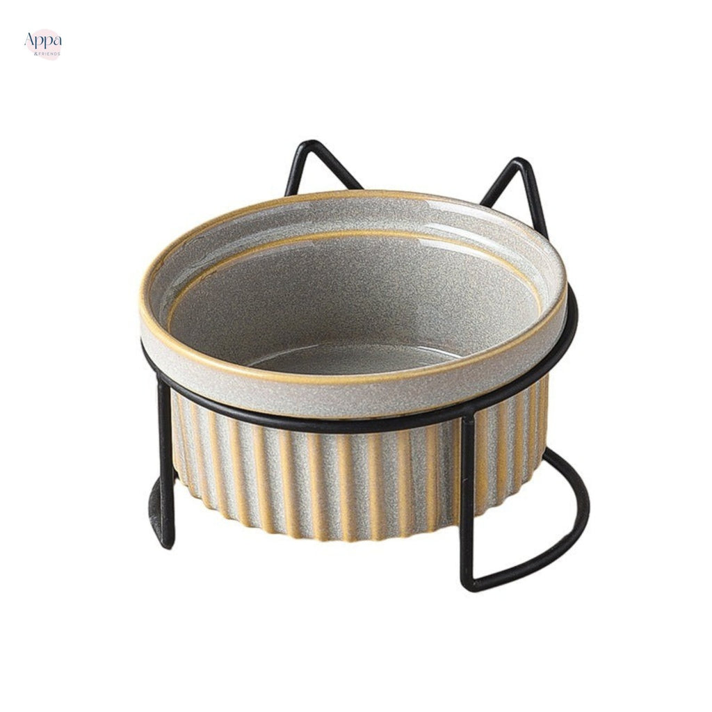Ceramic Cat Bowl Cat Food Basin Kiln Stripe Diangle Bowl Iron Frame Drinking Bowl Grain Bowl Protection Cervical Spine Pet Supplies