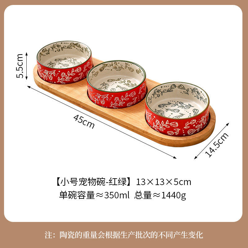 Ethnic Style Flower Straight Bowl with Bamboo and Wood Tray Ceramic Pet Bowl Cross-border Cat Bowl Dog Bowl Anti-knock Drinking Basin