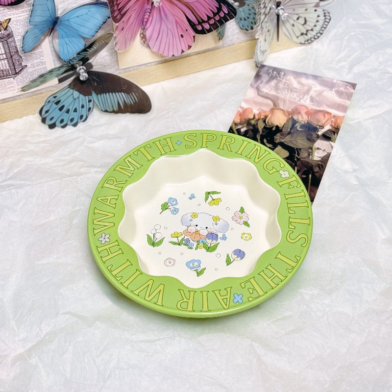 Green rabbit lace cat bowl anti-black chin cat canned food bowl ceramic dog food bowl cat anti-knock water wholesale