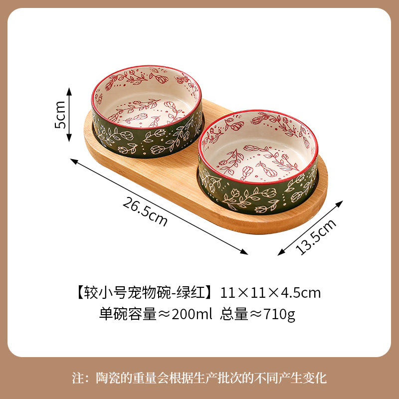 Ethnic Style Flower Straight Bowl with Bamboo and Wood Tray Ceramic Pet Bowl Cross-border Cat Bowl Dog Bowl Anti-knock Drinking Basin