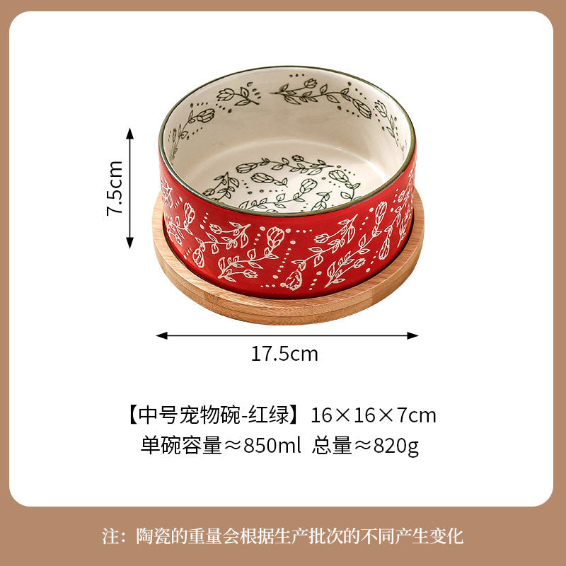 Ethnic Style Flower Straight Bowl with Bamboo and Wood Tray Ceramic Pet Bowl Cross-border Cat Bowl Dog Bowl Anti-knock Drinking Basin