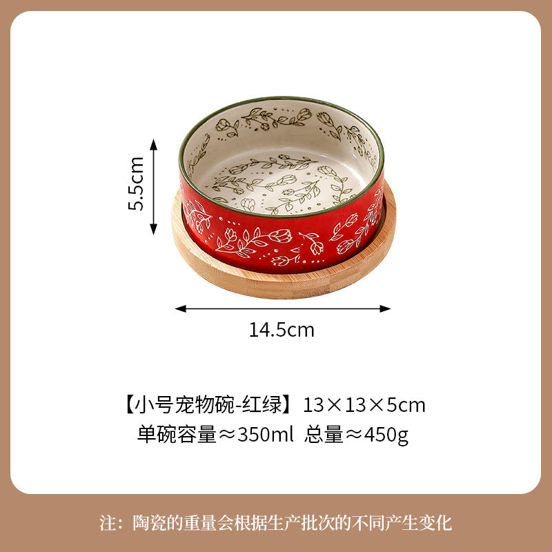 Ethnic Style Flower Straight Bowl with Bamboo and Wood Tray Ceramic Pet Bowl Cross-border Cat Bowl Dog Bowl Anti-knock Drinking Basin