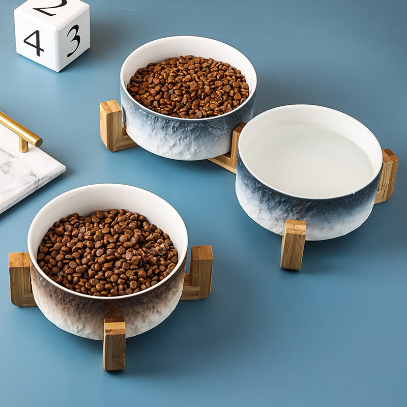 Stone pattern ceramic cat bowl double bowl dog bowl cat food bowl dog drinking cat food bowl pet food bowl integrated anti-knock