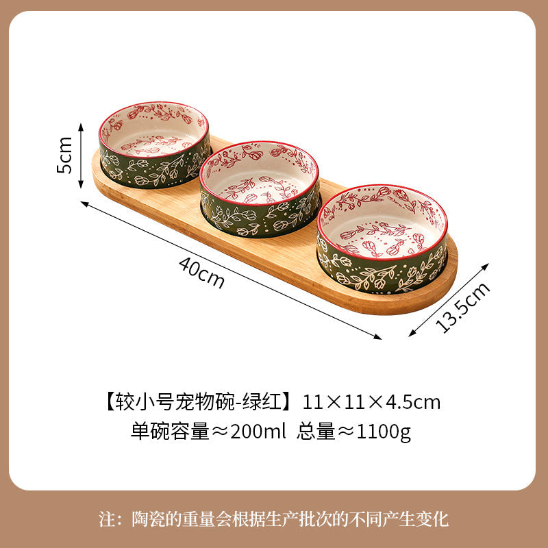 Ethnic Style Flower Straight Bowl with Bamboo and Wood Tray Ceramic Pet Bowl Cross-border Cat Bowl Dog Bowl Anti-knock Drinking Basin