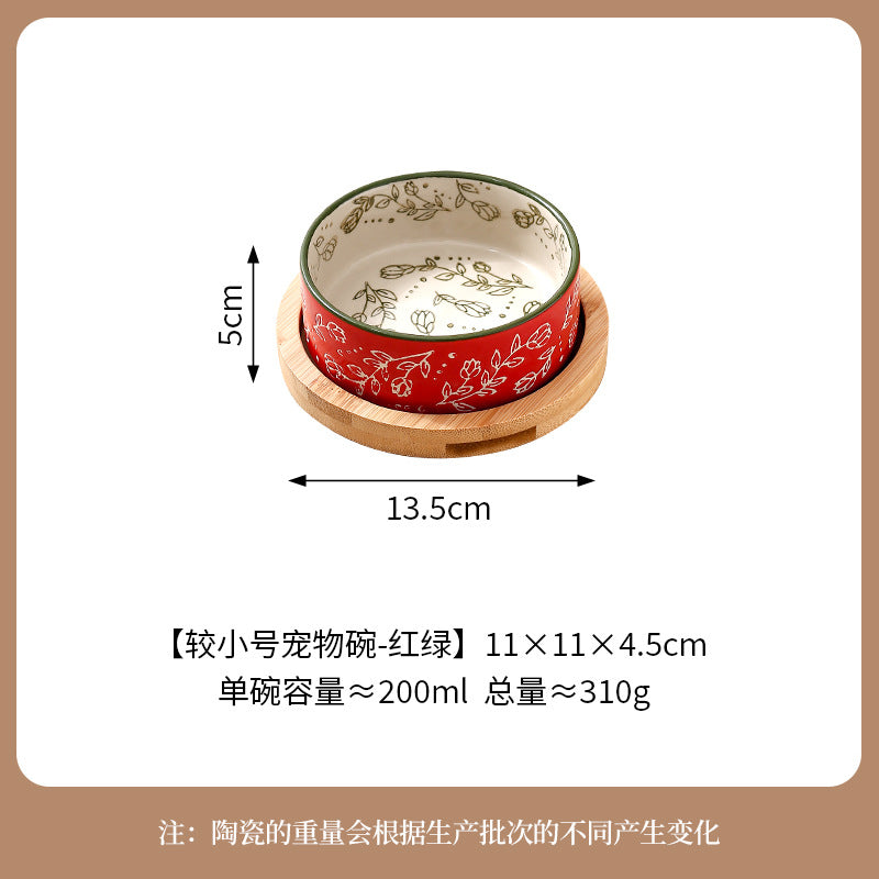 Ethnic Style Flower Straight Bowl with Bamboo and Wood Tray Ceramic Pet Bowl Cross-border Cat Bowl Dog Bowl Anti-knock Drinking Basin