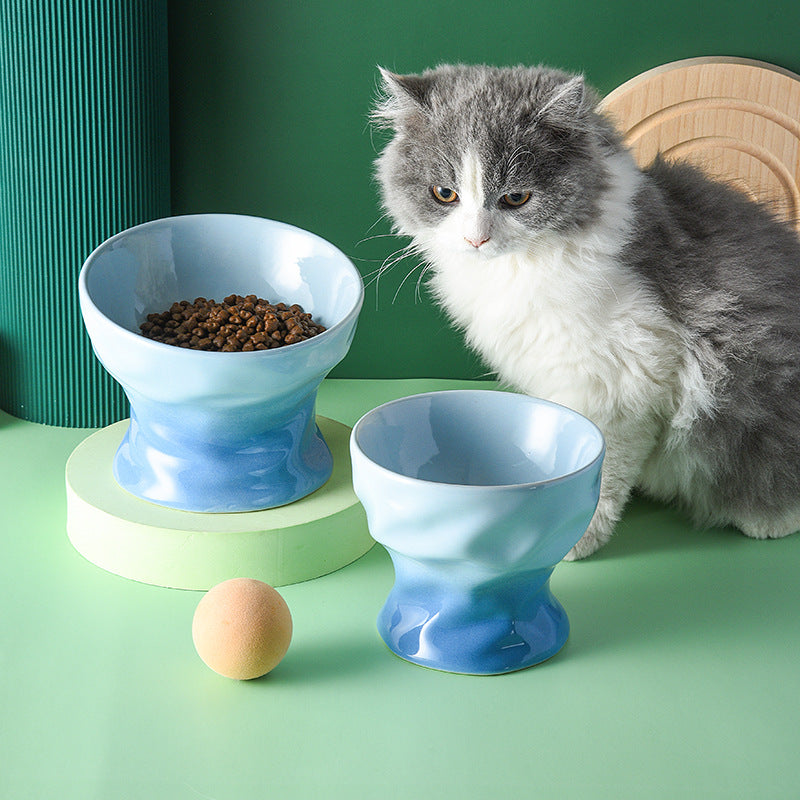 Cool Color Gradient Oblique Bowl Ceramic Cat Bowl High Foot Protection Cervical Spine Dog Cat Food Basin Pet Water Bowl Anti-knock