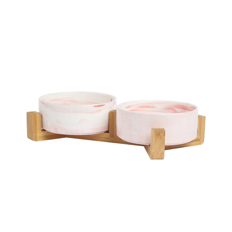 Pet Bowl Cat Bowl with Wooden Frame Ceramic Cat Neck Protection Bowl Drinking Bowl Marble Pattern Phnom Penh Double Bowl Pet Supplies