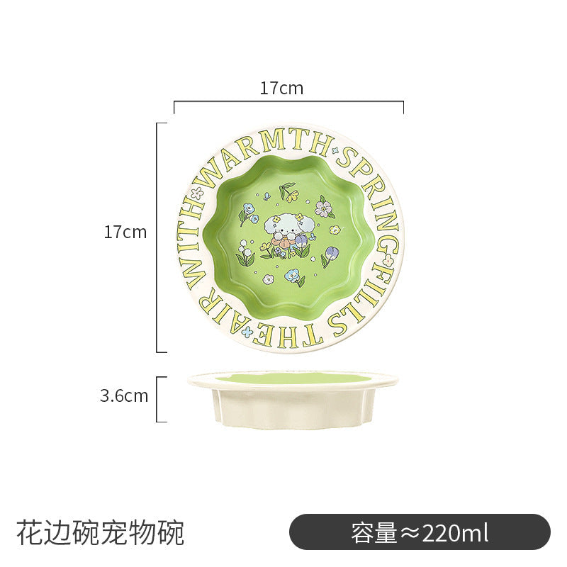 Green rabbit lace cat bowl anti-black chin cat canned food bowl ceramic dog food bowl cat anti-knock water wholesale