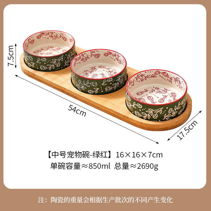 Ethnic Style Flower Straight Bowl with Bamboo and Wood Tray Ceramic Pet Bowl Cross-border Cat Bowl Dog Bowl Anti-knock Drinking Basin