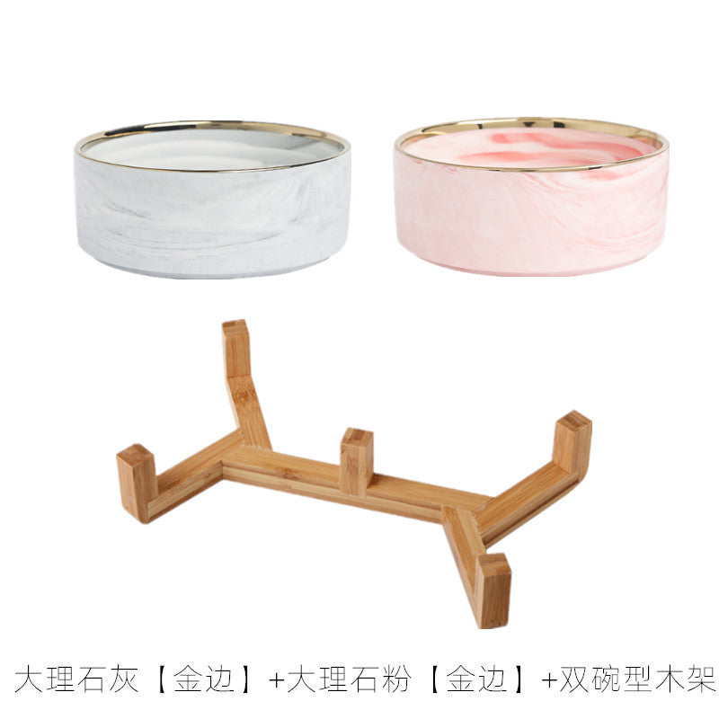 Pet Bowl Cat Bowl with Wooden Frame Ceramic Cat Neck Protection Bowl Drinking Bowl Marble Pattern Phnom Penh Double Bowl Pet Supplies