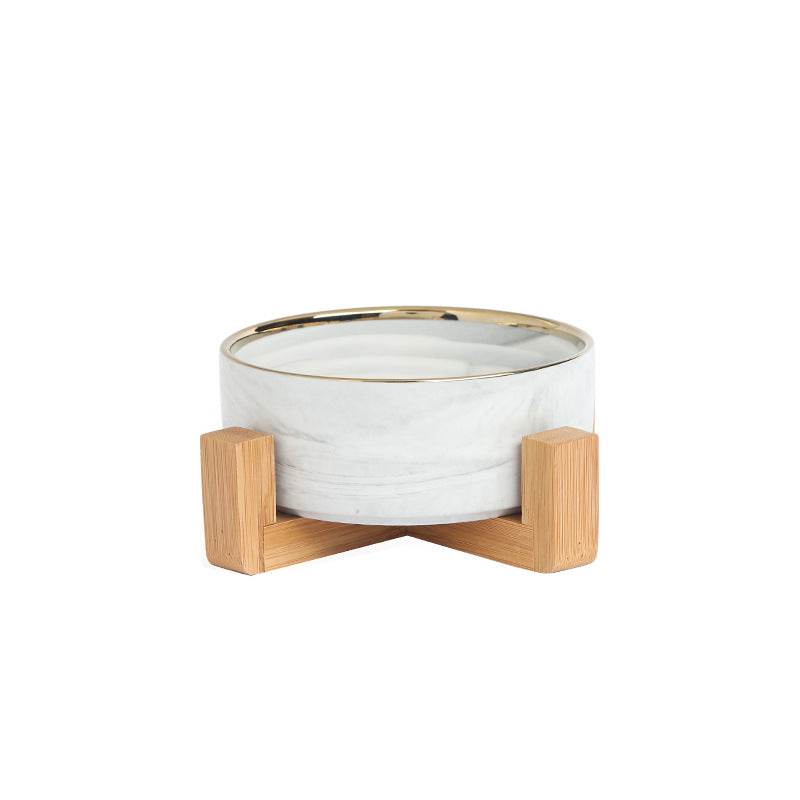 Pet Bowl Cat Bowl with Wooden Frame Ceramic Cat Neck Protection Bowl Drinking Bowl Marble Pattern Phnom Penh Double Bowl Pet Supplies