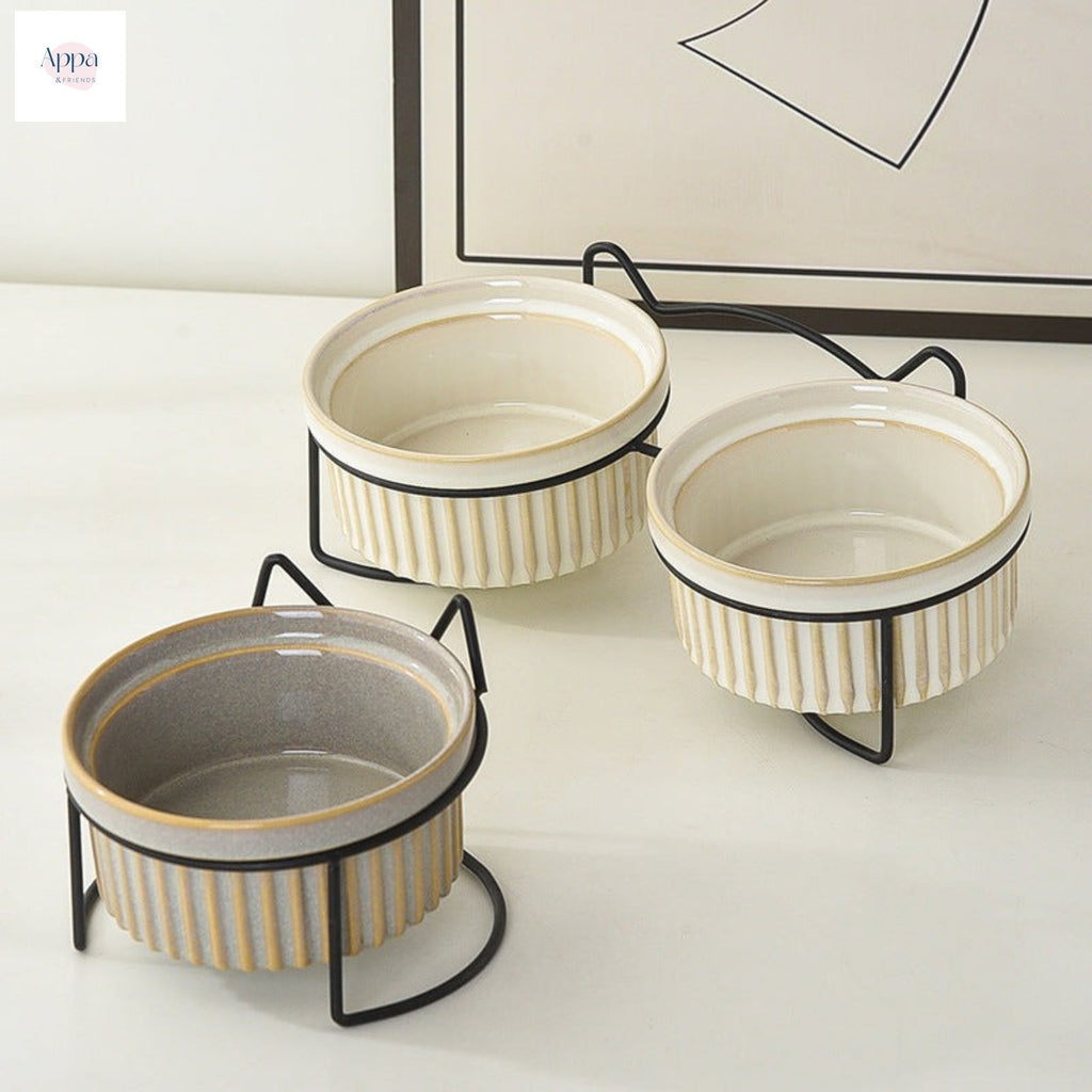 Ceramic Cat Bowl Cat Food Basin Kiln Stripe Diangle Bowl Iron Frame Drinking Bowl Grain Bowl Protection Cervical Spine Pet Supplies