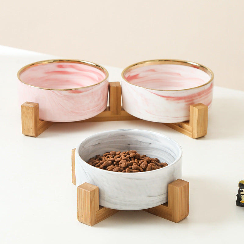 Pet Bowl Cat Bowl with Wooden Frame Ceramic Cat Neck Protection Bowl Drinking Bowl Marble Pattern Phnom Penh Double Bowl Pet Supplies