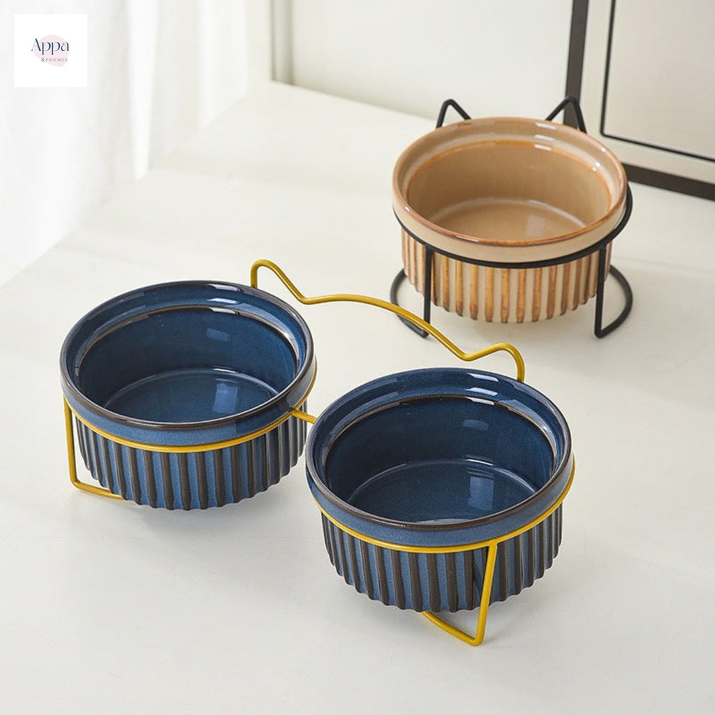 Ceramic Cat Bowl Cat Food Basin Kiln Stripe Diangle Bowl Iron Frame Drinking Bowl Grain Bowl Protection Cervical Spine Pet Supplies