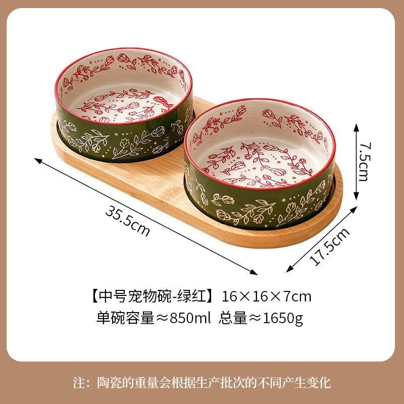 Ethnic Style Flower Straight Bowl with Bamboo and Wood Tray Ceramic Pet Bowl Cross-border Cat Bowl Dog Bowl Anti-knock Drinking Basin