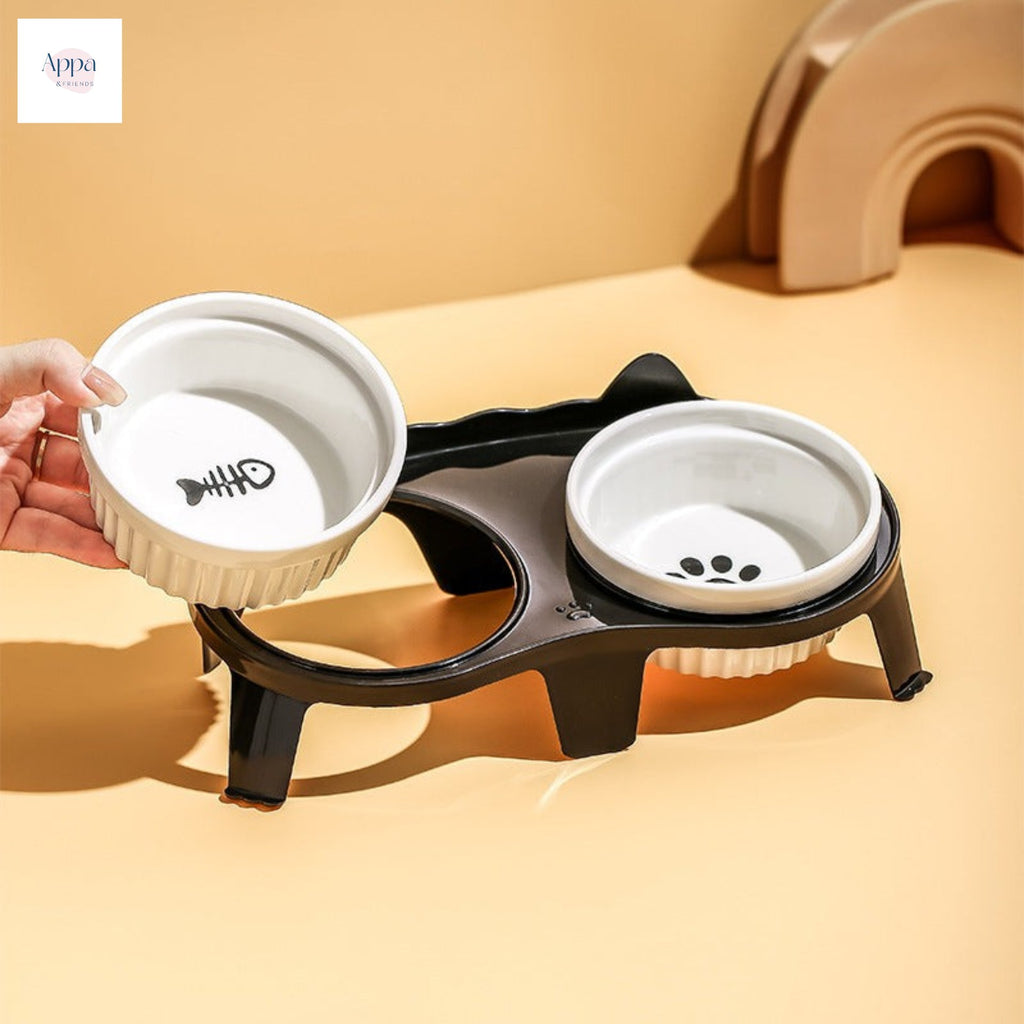 Creative Striped Cat Bowl with Bowl Rack Household Ceramic Pet Bowl Anti-knock Drinking Bowl Cat Food Bowl Feeding Integrated