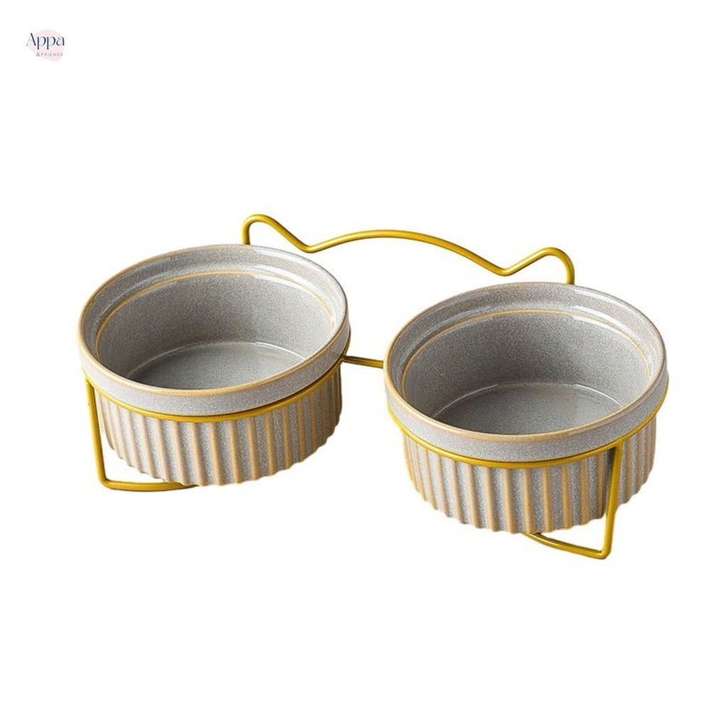Ceramic Cat Bowl Cat Food Basin Kiln Stripe Diangle Bowl Iron Frame Drinking Bowl Grain Bowl Protection Cervical Spine Pet Supplies