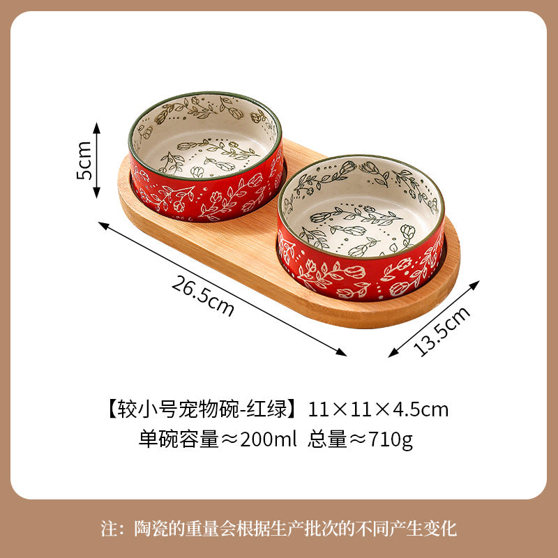 Ethnic Style Flower Straight Bowl with Bamboo and Wood Tray Ceramic Pet Bowl Cross-border Cat Bowl Dog Bowl Anti-knock Drinking Basin