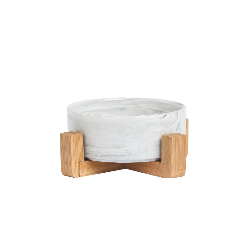 Pet Bowl Cat Bowl with Wooden Frame Ceramic Cat Neck Protection Bowl Drinking Bowl Marble Pattern Phnom Penh Double Bowl Pet Supplies