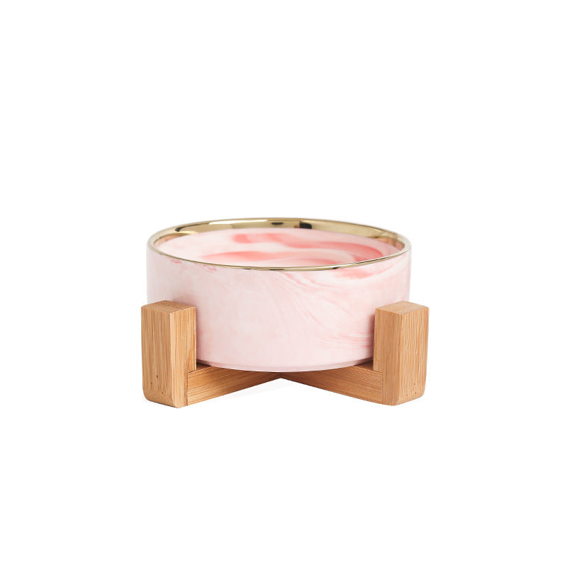 Pet Bowl Cat Bowl with Wooden Frame Ceramic Cat Neck Protection Bowl Drinking Bowl Marble Pattern Phnom Penh Double Bowl Pet Supplies