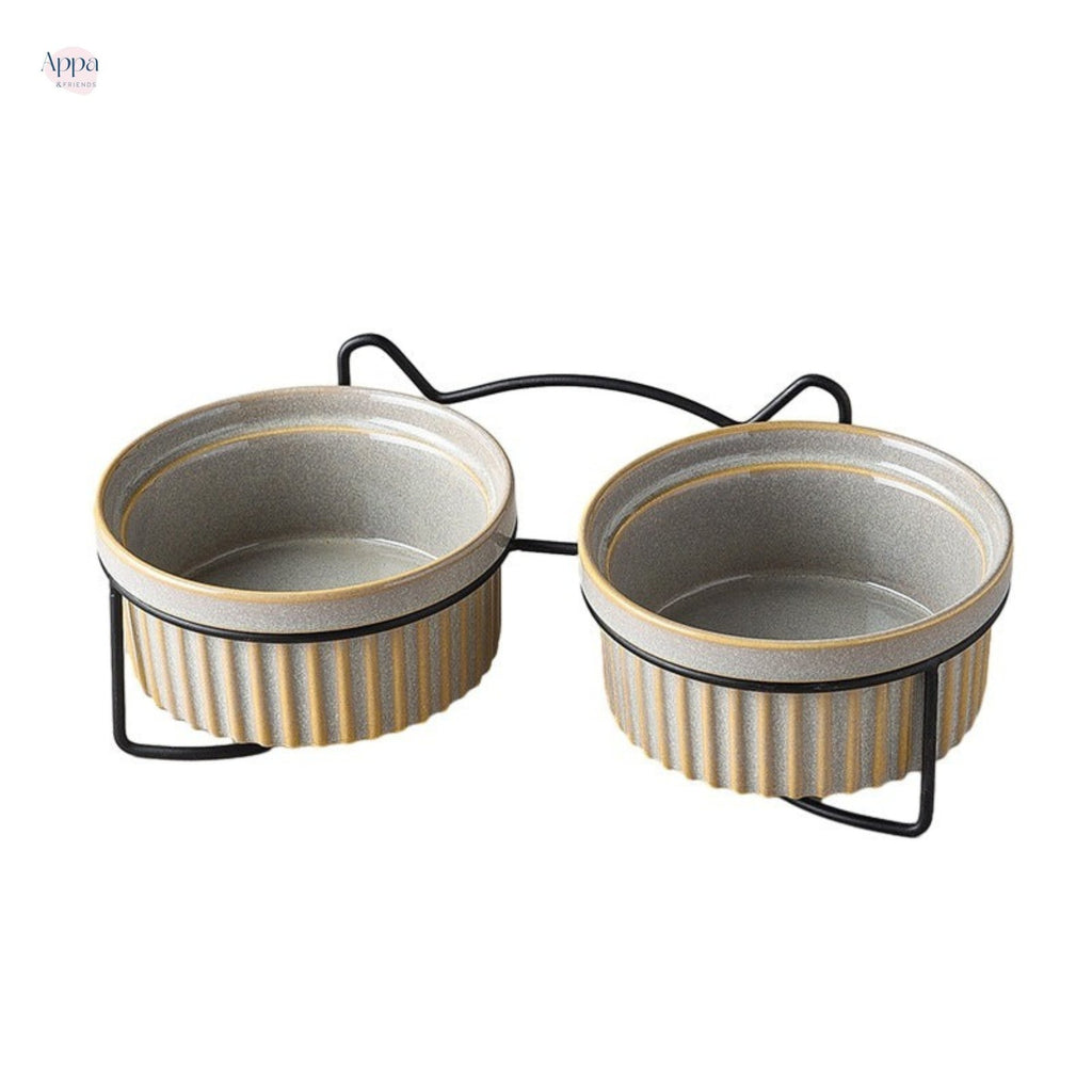 Ceramic Cat Bowl Cat Food Basin Kiln Stripe Diangle Bowl Iron Frame Drinking Bowl Grain Bowl Protection Cervical Spine Pet Supplies