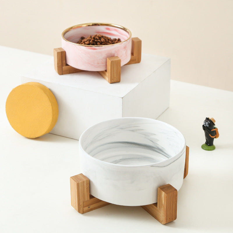 Pet Bowl Cat Bowl with Wooden Frame Ceramic Cat Neck Protection Bowl Drinking Bowl Marble Pattern Phnom Penh Double Bowl Pet Supplies