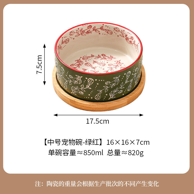 Ethnic Style Flower Straight Bowl with Bamboo and Wood Tray Ceramic Pet Bowl Cross-border Cat Bowl Dog Bowl Anti-knock Drinking Basin
