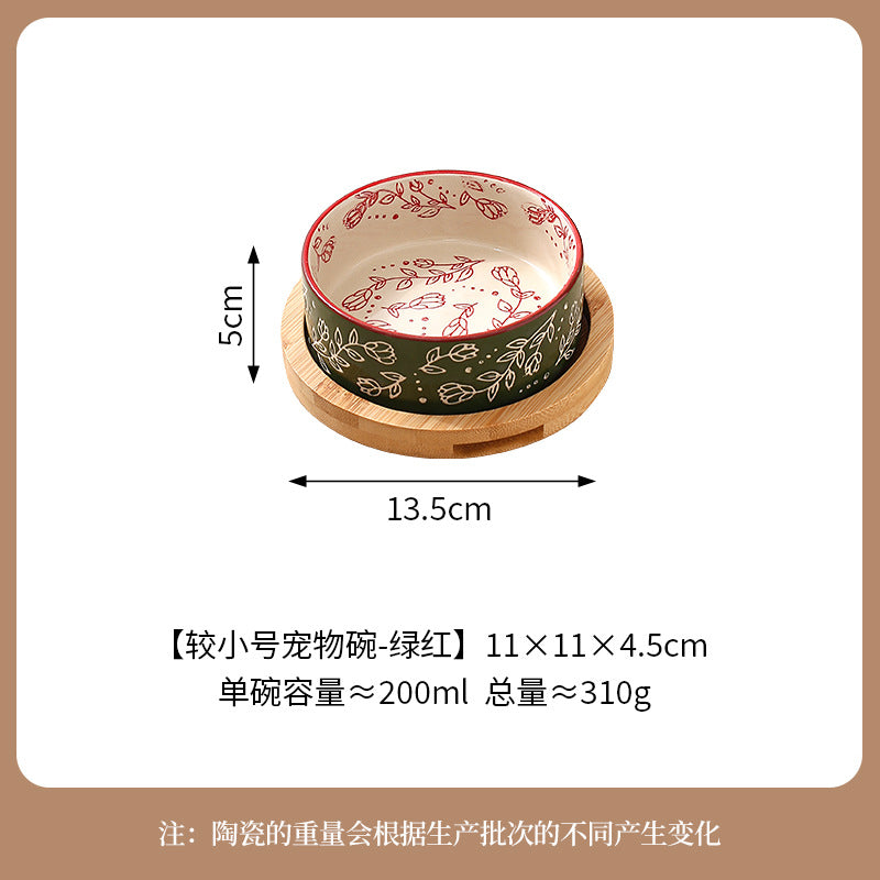 Ethnic Style Flower Straight Bowl with Bamboo and Wood Tray Ceramic Pet Bowl Cross-border Cat Bowl Dog Bowl Anti-knock Drinking Basin