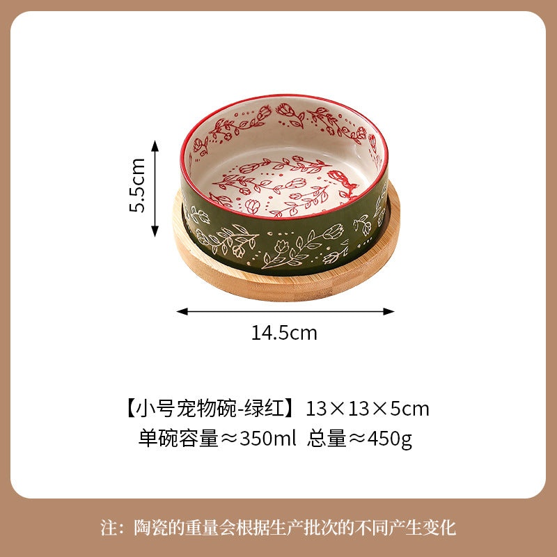 Ethnic Style Flower Straight Bowl with Bamboo and Wood Tray Ceramic Pet Bowl Cross-border Cat Bowl Dog Bowl Anti-knock Drinking Basin