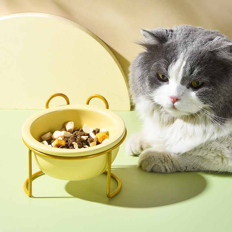 Cat Bowl Ceramic Pet Bear Ear Iron Frame Cat Single Bowl Dog Pot Cat Pot Teddy Dog Kitten Rice Pot Cat Food Bowl