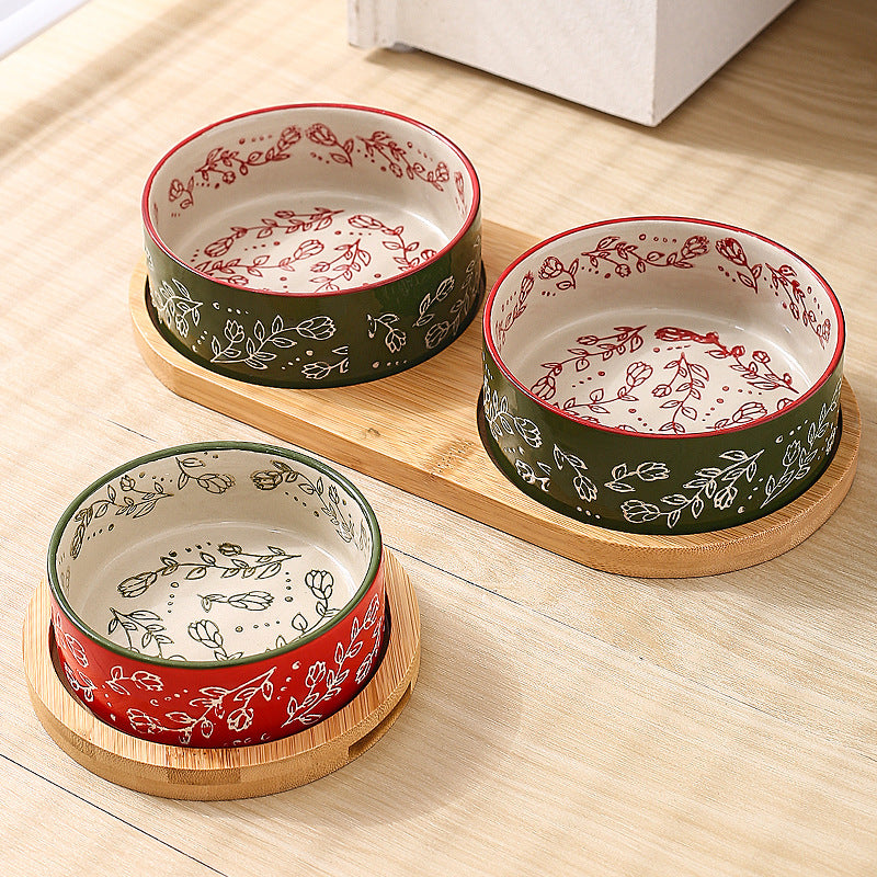 Ethnic Style Flower Straight Bowl with Bamboo and Wood Tray Ceramic Pet Bowl Cross-border Cat Bowl Dog Bowl Anti-knock Drinking Basin