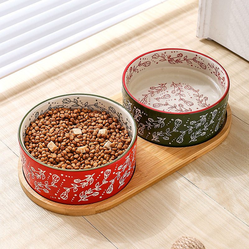 Ethnic Style Flower Straight Bowl with Bamboo and Wood Tray Ceramic Pet Bowl Cross-border Cat Bowl Dog Bowl Anti-knock Drinking Basin