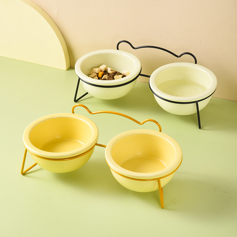 Cat Bowl Ceramic Pet Bear Ear Iron Frame Cat Single Bowl Dog Pot Cat Pot Teddy Dog Kitten Rice Pot Cat Food Bowl