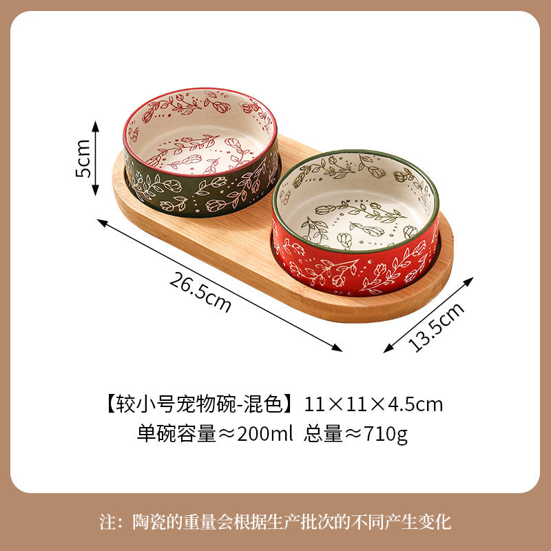Ethnic Style Flower Straight Bowl with Bamboo and Wood Tray Ceramic Pet Bowl Cross-border Cat Bowl Dog Bowl Anti-knock Drinking Basin