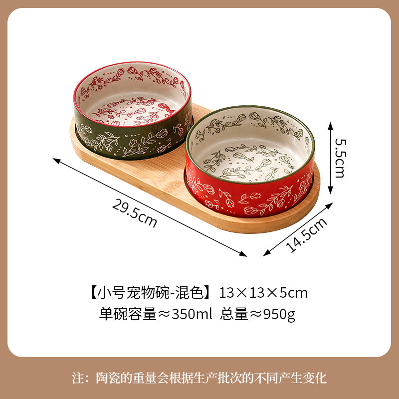 Ethnic Style Flower Straight Bowl with Bamboo and Wood Tray Ceramic Pet Bowl Cross-border Cat Bowl Dog Bowl Anti-knock Drinking Basin