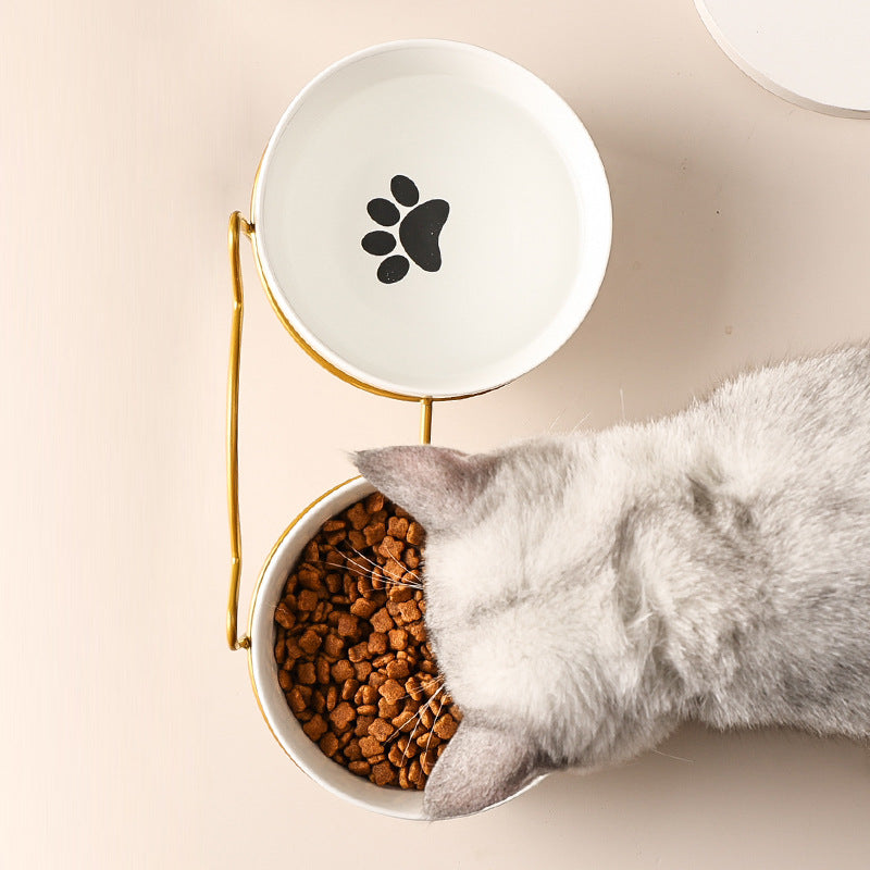 Ceramic Cat Bowl Cat Food Bowl Dog Bowl Drinking Water Bowl Food Bowl Protection Cervical Spine Pet Supplies Ceramic Double Cat Bowl