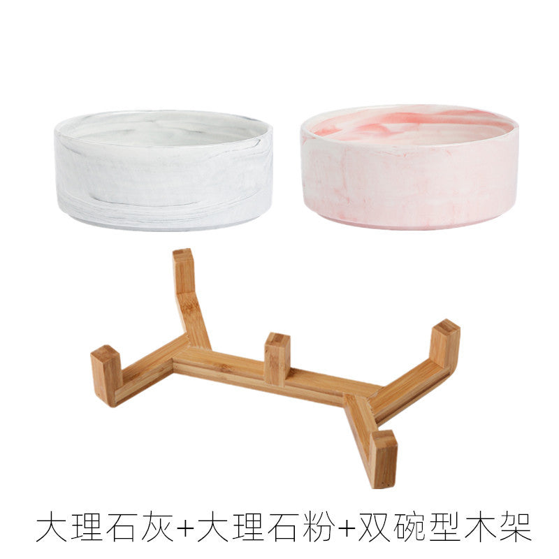 Pet Bowl Cat Bowl with Wooden Frame Ceramic Cat Neck Protection Bowl Drinking Bowl Marble Pattern Phnom Penh Double Bowl Pet Supplies