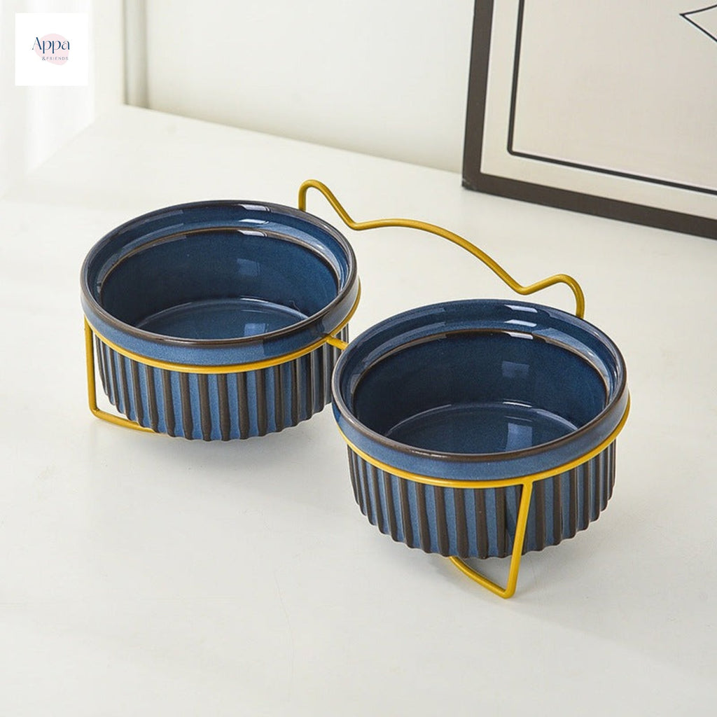 Ceramic Cat Bowl Cat Food Basin Kiln Stripe Diangle Bowl Iron Frame Drinking Bowl Grain Bowl Protection Cervical Spine Pet Supplies