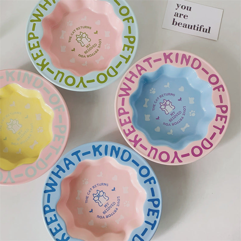 Lace cat bowl anti-black chin canned cat food bowl ceramic dog food bowl cat anti-knock water feeding bowl pet supplies