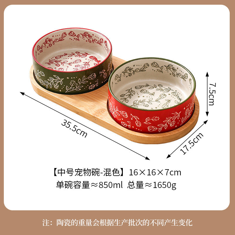 Ethnic Style Flower Straight Bowl with Bamboo and Wood Tray Ceramic Pet Bowl Cross-border Cat Bowl Dog Bowl Anti-knock Drinking Basin
