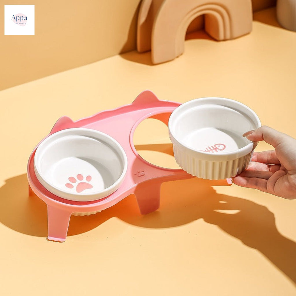 Creative Striped Cat Bowl with Bowl Rack Household Ceramic Pet Bowl Anti-knock Drinking Bowl Cat Food Bowl Feeding Integrated