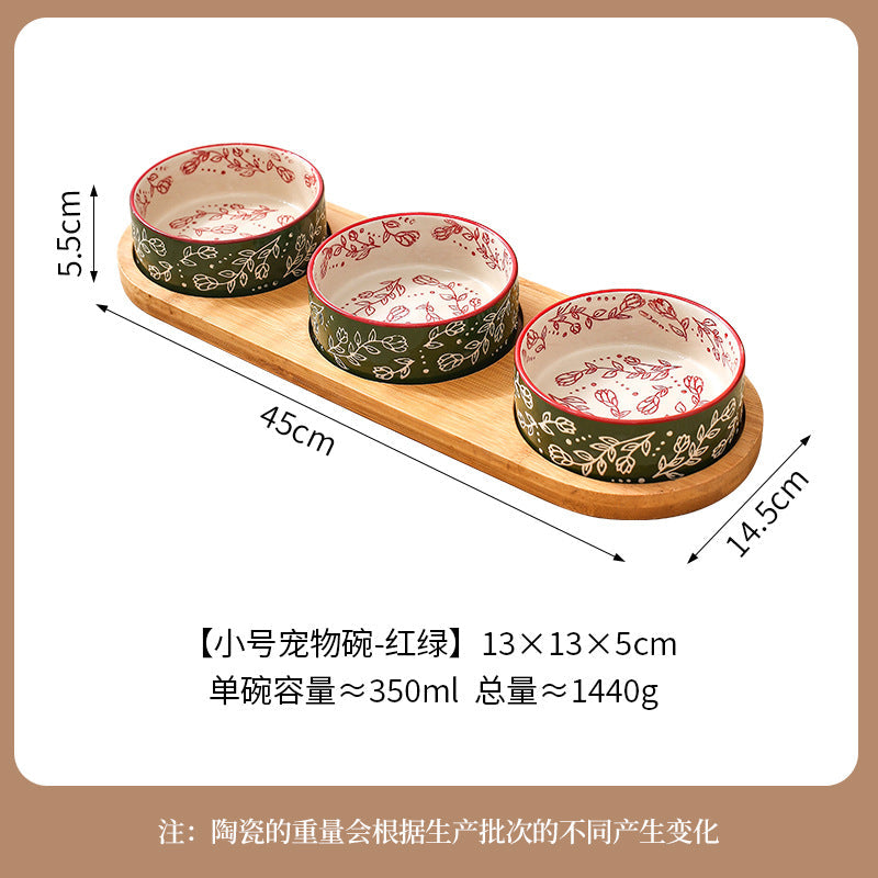 Ethnic Style Flower Straight Bowl with Bamboo and Wood Tray Ceramic Pet Bowl Cross-border Cat Bowl Dog Bowl Anti-knock Drinking Basin
