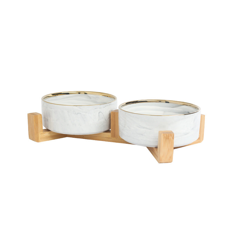 Pet Bowl Cat Bowl with Wooden Frame Ceramic Cat Neck Protection Bowl Drinking Bowl Marble Pattern Phnom Penh Double Bowl Pet Supplies