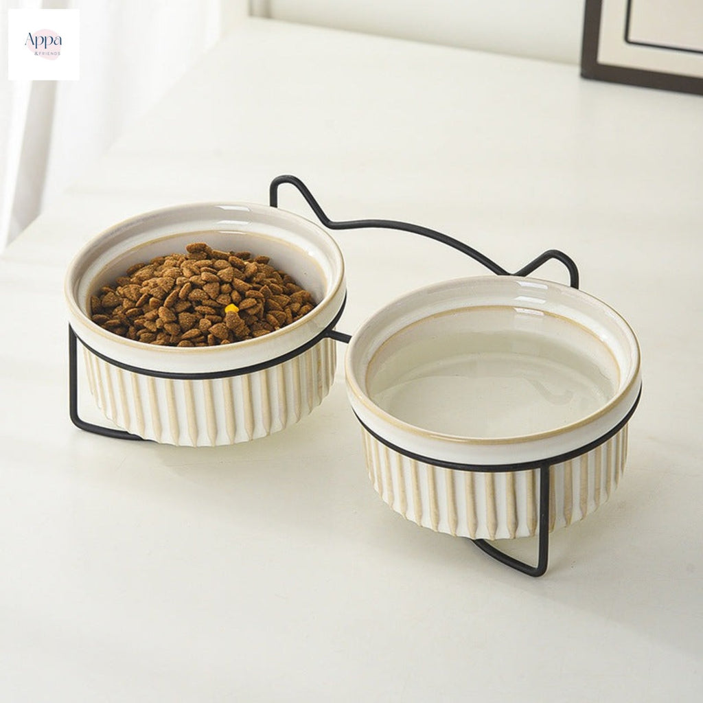 Ceramic Cat Bowl Cat Food Basin Kiln Stripe Diangle Bowl Iron Frame Drinking Bowl Grain Bowl Protection Cervical Spine Pet Supplies