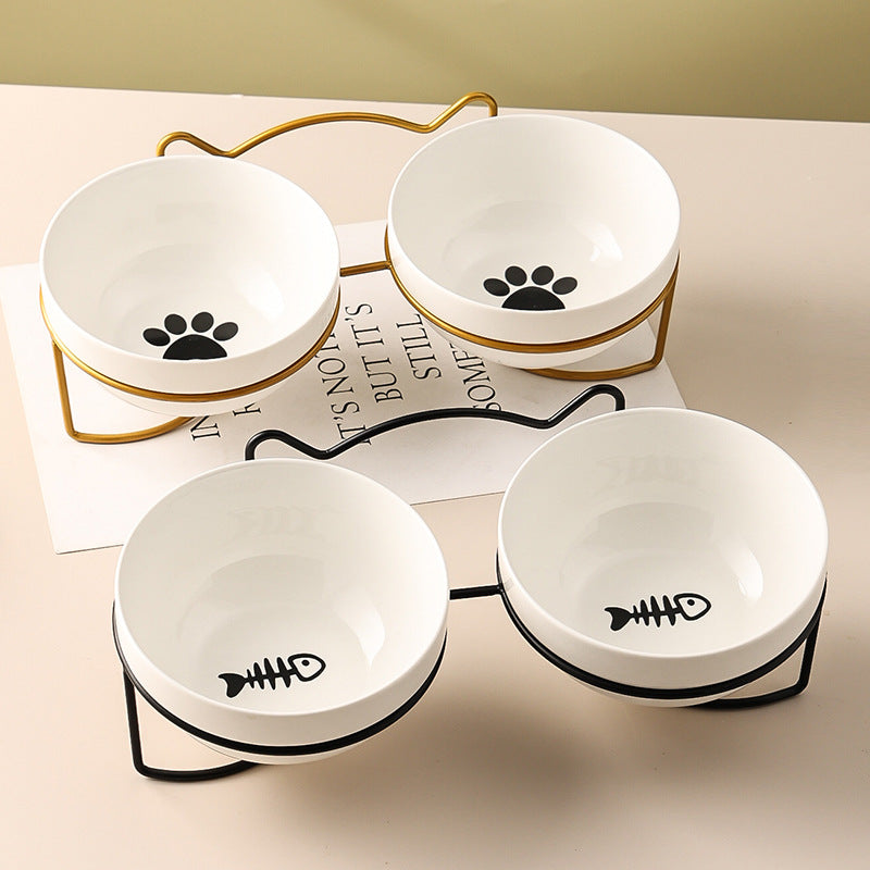 Ceramic Cat Bowl Cat Food Bowl Dog Bowl Drinking Water Bowl Food Bowl Protection Cervical Spine Pet Supplies Ceramic Double Cat Bowl