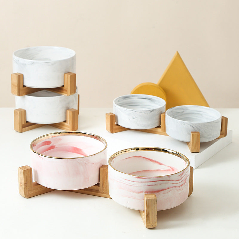 Pet Bowl Cat Bowl with Wooden Frame Ceramic Cat Neck Protection Bowl Drinking Bowl Marble Pattern Phnom Penh Double Bowl Pet Supplies